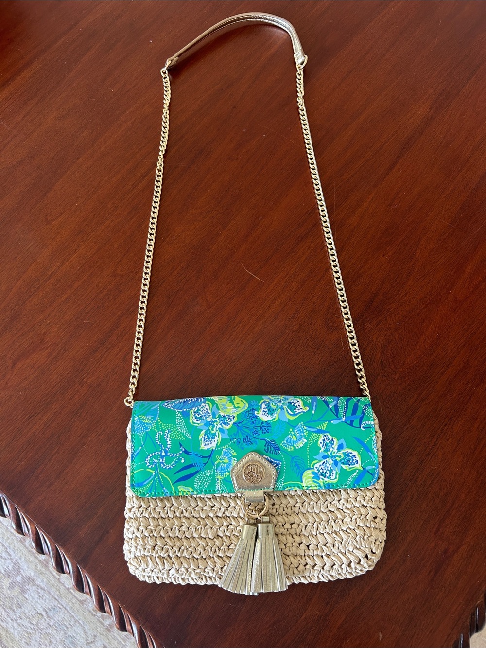 Lilly Pulitzer Woven Straw Raffia Crossbody Floral Flap Gold Chain Tassel Bag